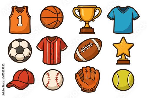 Big sports icon set. Cartoon vector collection of game equipment. Basketball, soccer, American football, baseball, tennis. Ball, trophy, jersey, shirt, glove, cap icons.