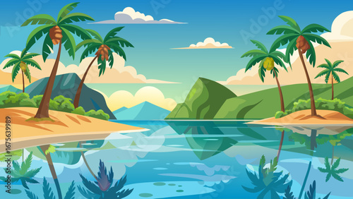 Vector art of beautiful tropical island landscape with palm trees, sandy beach, and clear turquoise water reflecting the sky and mountains in a serene paradise