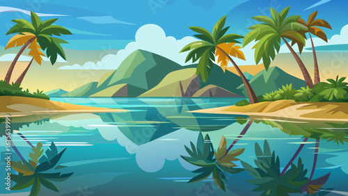Vector art of serene tropical island landscape featuring palm trees, sandy beach, and clear turquoise water reflecting the sky and mountains in a peaceful paradise
