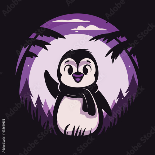 Cheerful penguin, winter scene