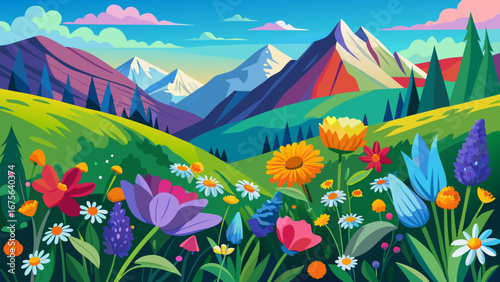 Vector art of colorful mountain landscape with vibrant flowers in full bloom, capturing the essence of spring with lush greenery and a picturesque scenery