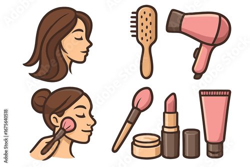 Beauty salon and spa vector icon set. Woman with hairstyle and makeup. Hairdryer, brush, lipstick, blush and cream cosmetics. Skincare and haircare cartoon illustration.