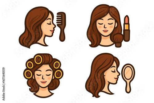 Beauty salon vector icon set. Woman character hair care and cosmetic routine. Girl with comb, curlers, lipstick, makeup brush and mirror. Flat cartoon illustration.