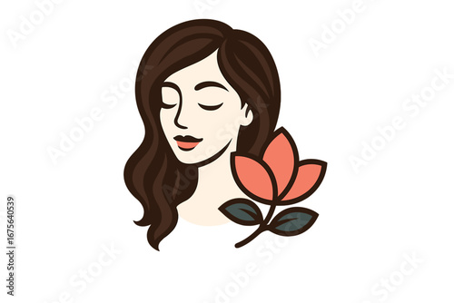 Woman face flower logo for beauty salon, spa, cosmetics. Vector illustration for natural skincare, wellness, hair care. Serene female portrait for branding identity design.