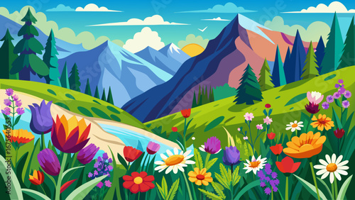 Vector art of vibrant mountain landscape with colorful flowers in the foreground, capturing the essence of spring and summer, perfect for travel and nature enthusiasts