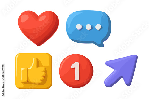 3D social media icons set. Vector cartoon illustration. Like, heart, comment, notification, and share symbols. Web communication elements for app UI and marketing design.
