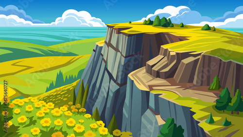 Vector art of scenic cliff landscape with yellow flower field and blue sky, offering a breathtaking view of natures beauty and summers charm