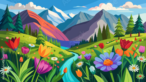 Vector art of a vibrant mountain landscape with a river flowing through a field of colorful flowers, creating a scenic and peaceful nature illustration