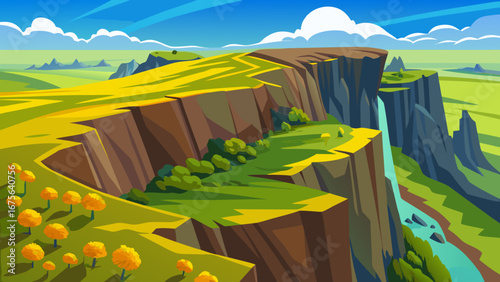 Vector art of breathtaking cliff landscape featuring a stunning waterfall and lush greenery, capturing the essence of natural beauty and tranquility