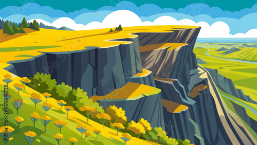 Vector art of majestic cliff landscape with vibrant green and yellow fields under a blue sky, showcasing the beauty of nature and the outdoors
