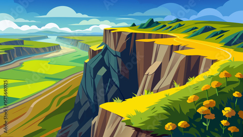 Vector art of a scenic view of a canyon landscape with a winding river, cliffs, and green grass under a blue sky on a sunny day, creating a sense of adventure