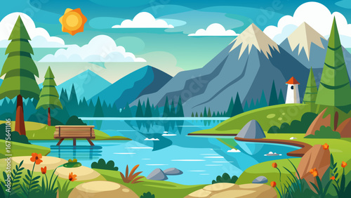 Vector art of scenic mountain landscape with a serene lake, lush forest, and bright sun, perfect for travel and outdoor adventure, offering a tranquil escape