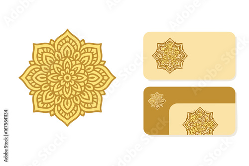 Golden mandala logo and business card template set. Vector illustration for corporate identity. Luxury floral ornament for branding, yoga studio, spa, or wellness center design.