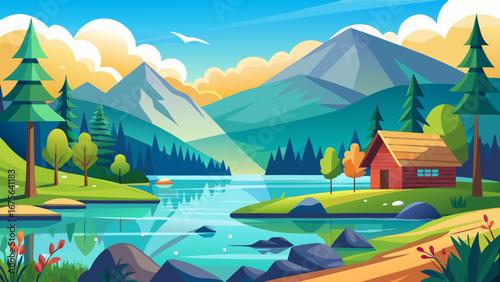 Vector art of idyllic mountain lake landscape with a cozy cabin, lush forest, and a serene atmosphere perfect for relaxation and outdoor adventures