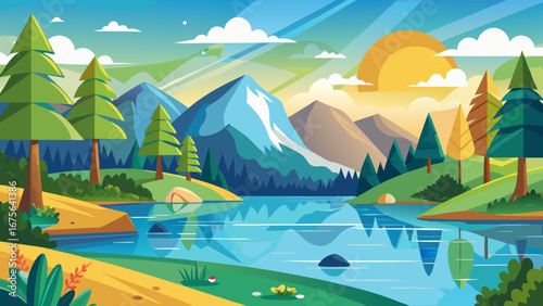 Vector art of a vibrant landscape featuring majestic mountains reflected in a serene lake, surrounded by lush greenery and a radiant sun, evoking a sense of tranquility