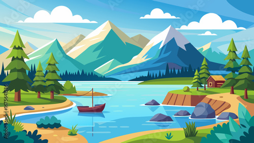 Vector art of a picturesque mountain lake landscape with a boat, surrounded by lush greenery, trees, and a small cabin, under a clear blue sky with clouds