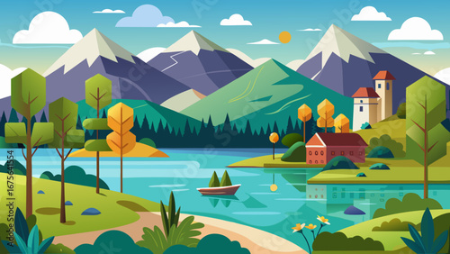 Vector art of picturesque lake landscape with mountains, trees, buildings, and a boat, creating a tranquil and idyllic scene of natures beauty and peacefulness