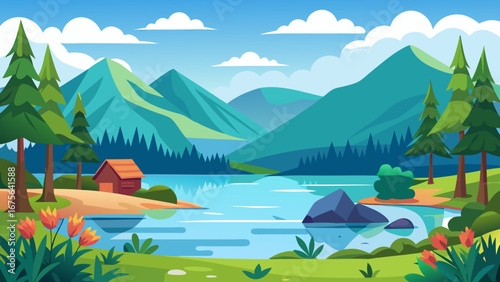 Vector art of scenic lake landscape with mountains, trees, and a cozy cabin, creating a tranquil and idyllic scene of natures beauty and peacefulness