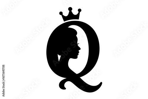Monogram letter Q with queen silhouette, female profile with crown, elegant royal emblem, vintage style, black and white vector illustration, regal icon design, classic feminine symbol