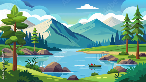 Vector art of breathtaking landscape illustration of a serene lake with mountains, lush greenery, and a small boat, capturing the beauty of nature