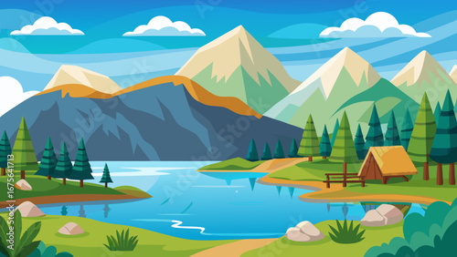 Vector art of scenic mountain landscape with lake, forest, and tent, offering a peaceful retreat in natures embrace, perfect for travel and outdoor adventures