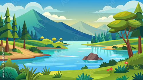 Vector art of vibrant landscape illustration showcasing a picturesque lake surrounded by mountains, lush greenery, and trees under a clear sky, perfect for nature lovers
