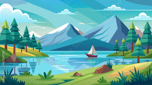 Vector art of tranquil mountain lake landscape with sailboat, surrounded by lush forest and clear sky, ideal for travel, outdoor adventures, and scenic views