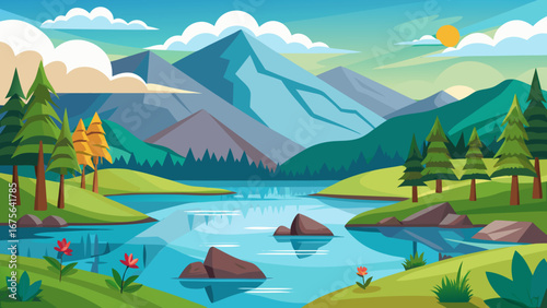 Vector art of idyllic mountain lake landscape with sun, surrounded by lush forest and clear sky, perfect for travel, outdoor adventures, and scenic views