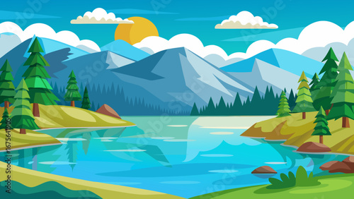 Vector art of a picturesque landscape featuring a pristine lake reflecting majestic mountains, lush green hills, and a clear blue sky with fluffy clouds