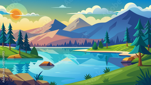 Vector art of captivating landscape of mountains reflecting in a serene lake, surrounded by lush greenery, trees, and a vibrant sky at sunrise