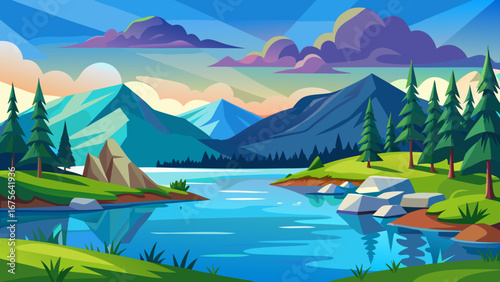 Vector art of a picturesque cartoon landscape featuring mountains, a serene lake, and lush greenery under a vibrant sky, perfect for backgrounds and illustrations