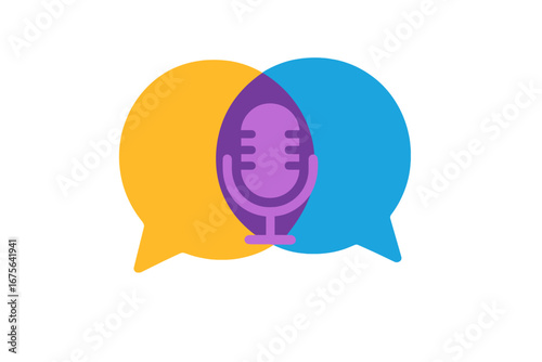 Overlapping colorful speech bubbles with microphone podcast logo, vector cartoon illustration, communication concept, chat icon, dialogue symbol, podcast broadcasting design
