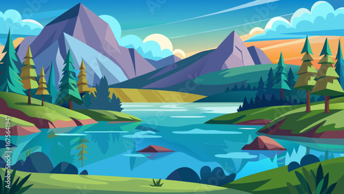 Vector art of a vibrant cartoon landscape showcases majestic mountains, a tranquil lake, and lush forests under a bright sky, ideal for scenic backgrounds