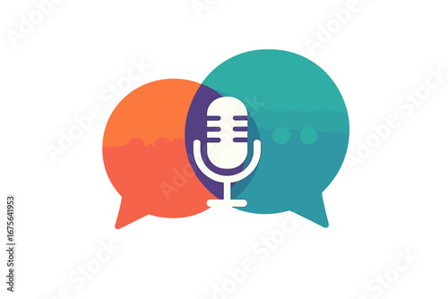 Overlapping colorful speech bubbles with microphone podcast logo, vector cartoon illustration, transparent background, communication concept, dialogue and voice chat design