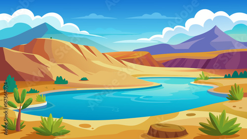 Vector art of a cartoon desert landscape featuring mountains, a serene lake, and arid vegetation under a clear sky, perfect for scenic backgrounds and illustrations