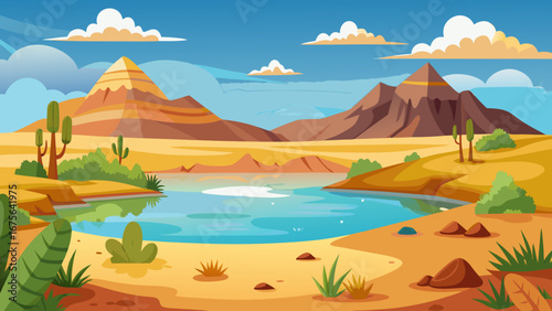 Vector art of a serene desert landscape with mountains, a tranquil lake, and scattered cacti under a bright blue sky with fluffy clouds, creating a peaceful scene