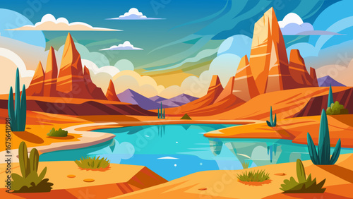 Vector art of a colorful desert landscape showcasing towering mountains, a tranquil lake, and scattered cacti under a dynamic sky with clouds and a warm sunset glow