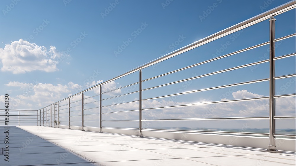 Fototapeta premium A bright blue sky above a modern railing on a spacious deck, evoking tranquility and openness.
