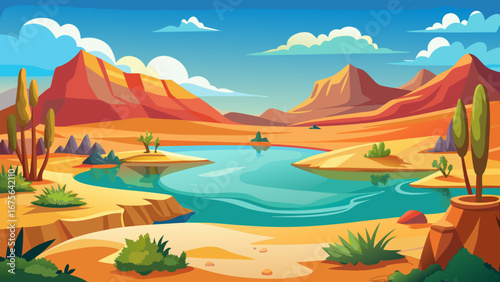 Vector art of scenic desert landscape with a tranquil lake surrounded by mountains, cacti, and lush vegetation under a clear blue sky with scattered clouds