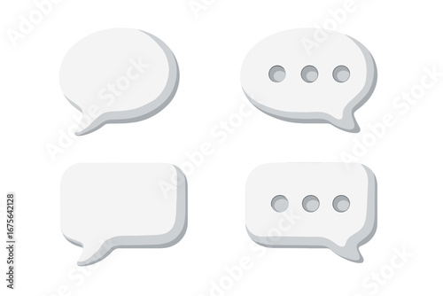 3D speech bubble chat icon set. White message symbol. Dialogue, conversation, comment concept. Social media notification. Messenger UI element. Typing and thinking vector.