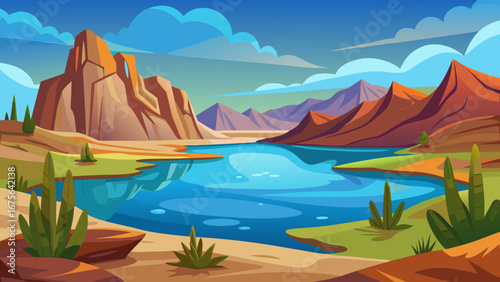 Vector art of breathtaking desert landscape showcasing a tranquil lake surrounded by majestic mountains, lush greenery, and a clear sky with scattered clouds