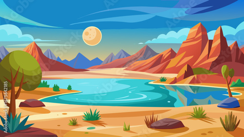 Vector art of a serene desert landscape with a tranquil lake reflecting the full moon, surrounded by majestic mountains and lush trees under a clear blue sky