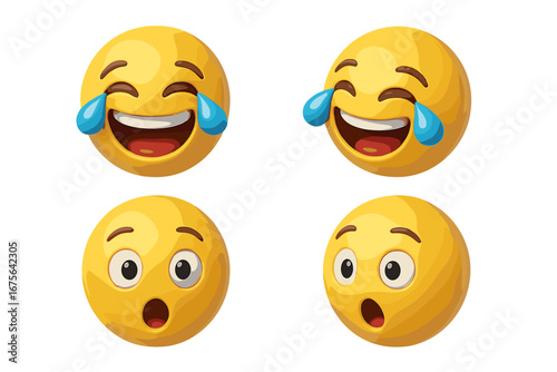 3D Emoji Set Laughing and Surprised Faces, Laughing Tears, Wow Expression, Cartoon Vector Illustration Pack, Various Angles, Transparent Background, Emoticon Collection