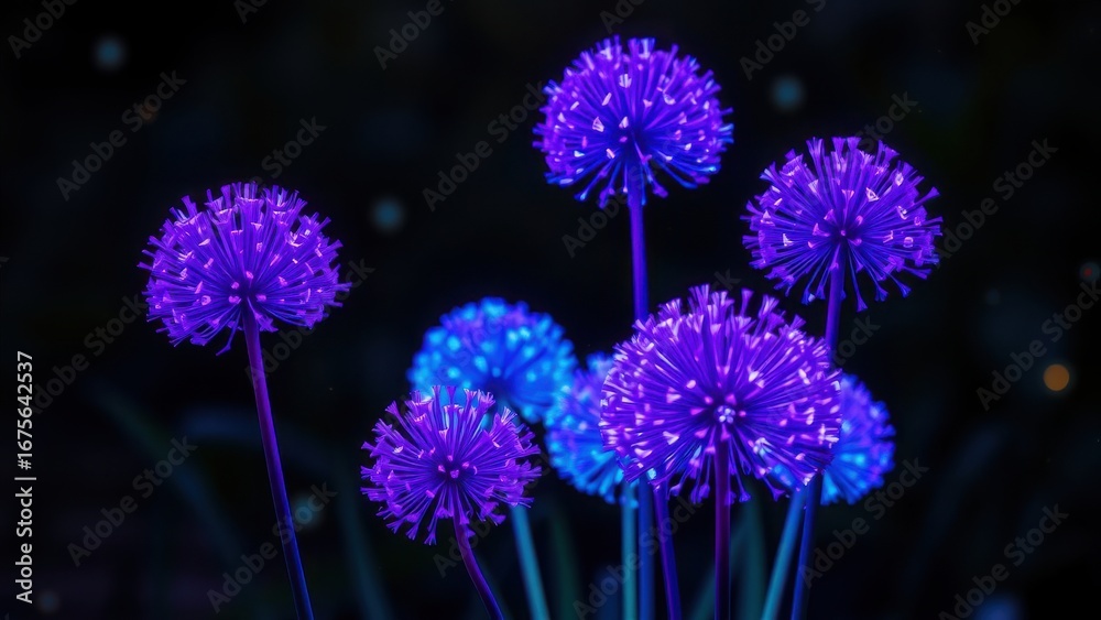 Fototapeta premium Stunning purple flowers blooming in vibrant neon light, a modern floral design element for any project