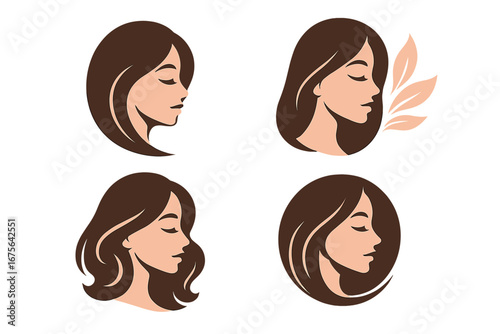 Elegant woman face logo collection. Profile silhouette for beauty salon, spa, cosmetics. Hair style icon set. Natural, organic skincare, dermatology. Vector graphic symbol.