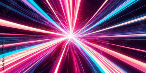 An abstract, colorful background with bright, glowing neon rays, stars, and fractal patterns creating a stunning digital flash of light in space