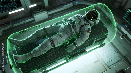 Astronaut in a futuristic stasis pod with green holographic interface