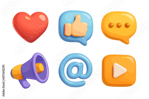Social media icon set with love heart, thumbs up, speech bubble, megaphone, at symbol, and play button 3D rendering, colorful vector cartoon illustration, transparent background, ordered collection