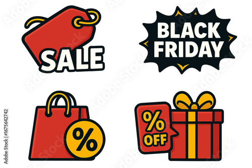 Black Friday sale vector icon set. Cartoon illustration for promotion and advertising. Shopping bag, gift box, price tag and discount percent symbol for social media.