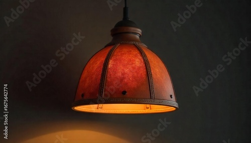 Luxurious leather pendant lampshade, handcrafted with intricate stitching, casting a warm, ambient glow  Perfect for adding a touch of rustic elegance to any interior ,  texture,  rustic